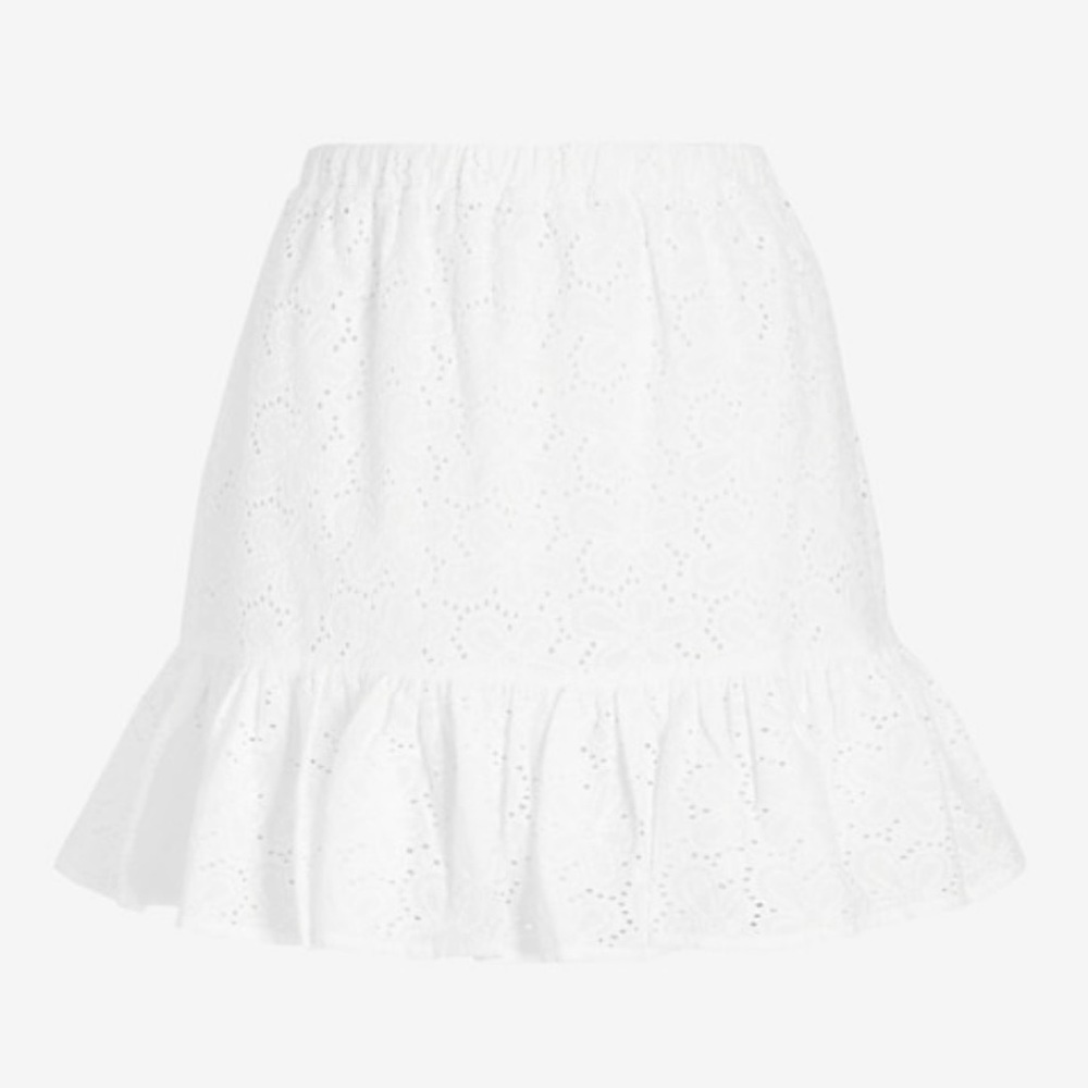 Express High Waisted Eyelet Lace Ruffle Mini Skirt